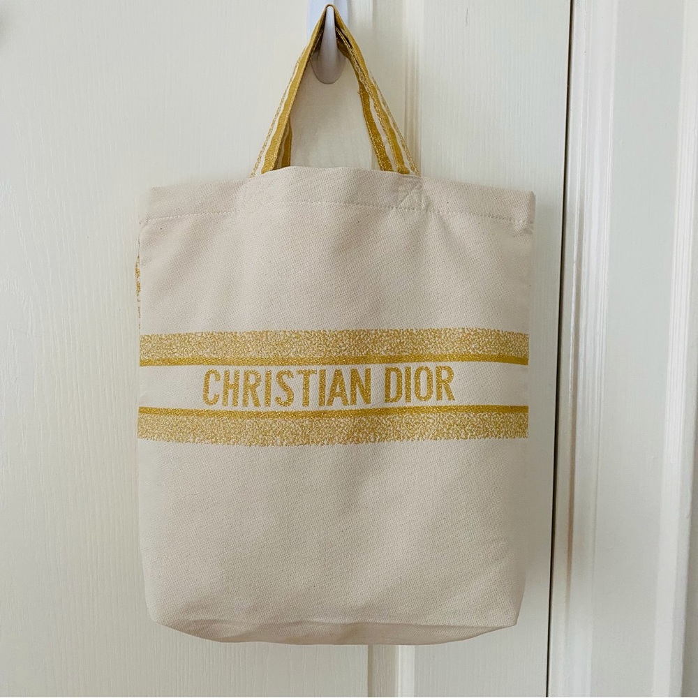 New Christian Dior Made in Italy Gold Metallic Cream Festive Travel Tote Bag